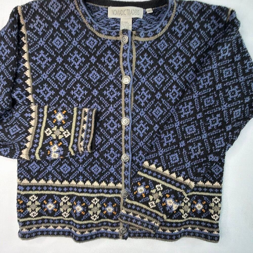 Nomadic Traders Medium Nordic Cardigan Fair Isle Metal Buttons